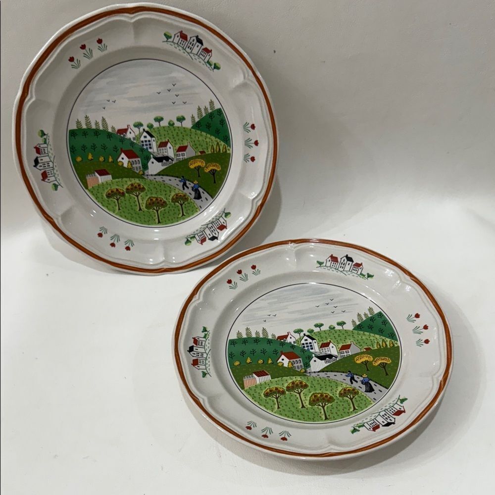 Newcor County Village Japan 7 1/2 In Salad Dessert Plates Set of 2 Stoneware